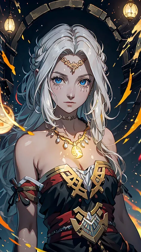 I have the image of an RPG character who has short messy blonde hair, golden eyes , a thin silver chain necklace with a silver s...