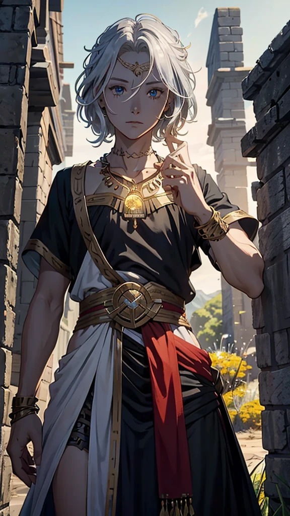 I have the image of an RPG character who has short messy blonde hair, golden eyes , a thin silver chain necklace with a silver scale pendant, a medieval black cloth outfit,  a red cloth tied around the waist, some black bracelets have a very serene appearance and that of someone good who keeps secrets. A 17 year old from the medieval era of Arton rpg from Tormenta 20 digital art, one  men 