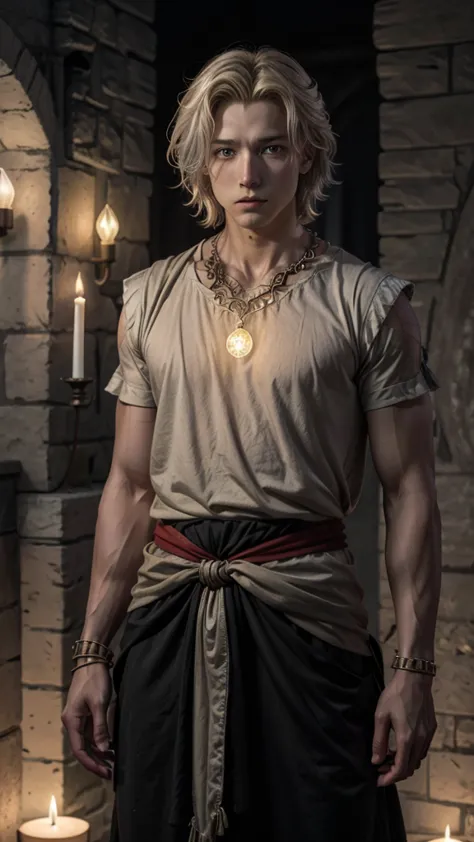 I create an image of a male role-playing character who has short messy blonde hair, golden eyes , a thin silver chain necklace w...