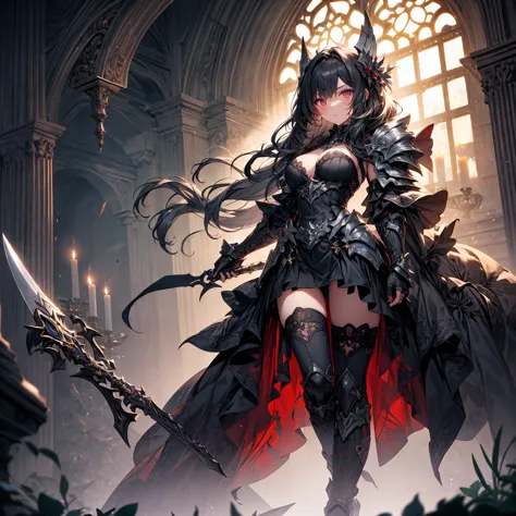A breathtaking artwork of a female character of unimaginable beauty, set in a dark and opulent environment. The full-body view r...