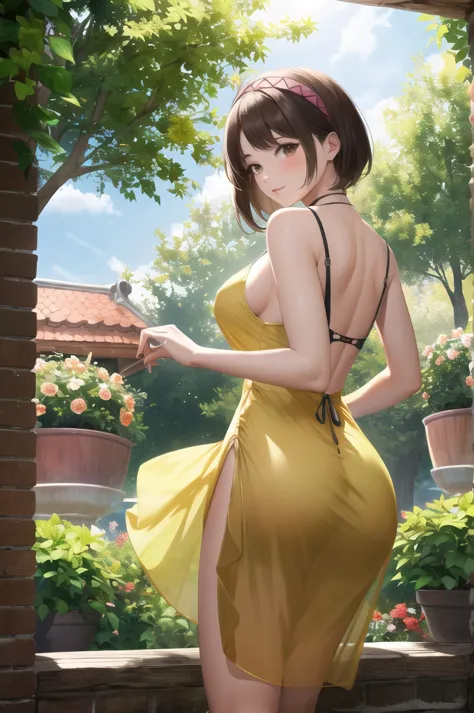 (masterpiece,best quality,absurdres,beautiful,aesthetic,detailed),outside,garden,flowers,dappled sunlight,1girl, big booty,tsuku...