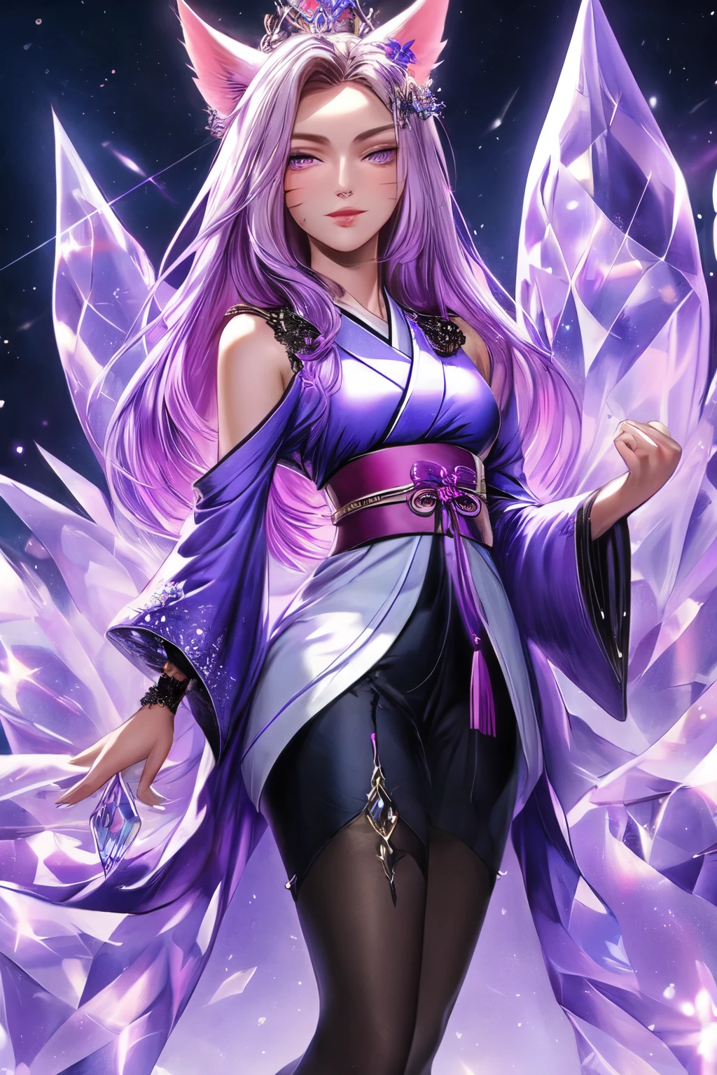 ((best quality)), ((masterpiece)), (detailed), detailed purple eyes, detailed hands, full-body image, humanoid kitsune, wearing a short kimono, crystallized crown, light purple hair, light purple fox ears, 2 translucent crystal foxtails, only 2 translucent crystal foxtails, 1 star shape marking on forehead, delicate and beautiful detailing, detailed hands, well-proportioned detailed purple eyes, well-proportioned hands, well-proportioned face, round detailed purple eyes, beautiful detailed and clear purple eyes, volume smooth and sharp, long flat light purple bangs, fictional art, best photos, best quality, 1 very beautiful and meticulous star shape forehead marking,