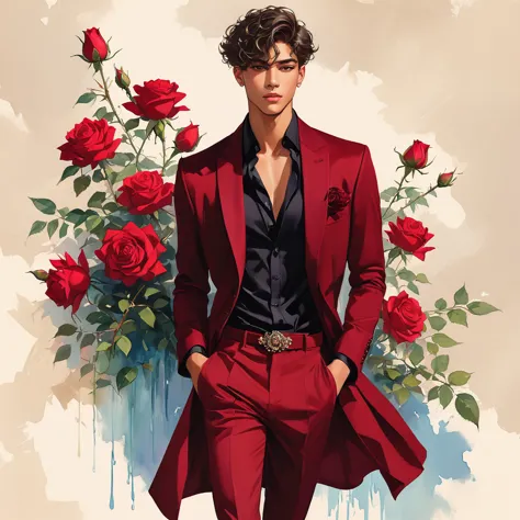 candid fashion illustration of young Mixed race male supermodel, aged 18 year old, the design inspired by the price rose from Da...