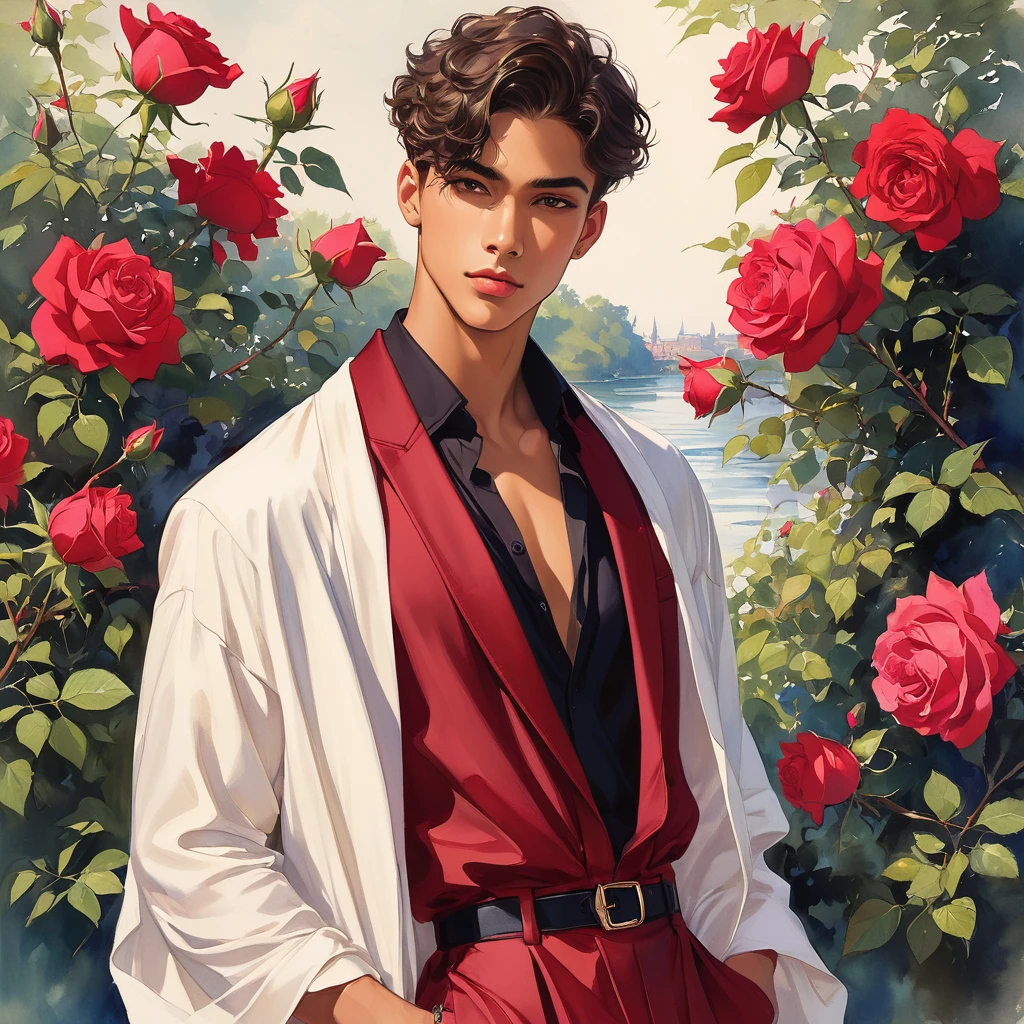 candid fashion illustration of young Mixed race male supermodel, aged 18 year old, the design inspired by the price rose from David Austin Rose, a charismatic and sophisticated figure dressed in a casual yet elegant deep red outfit. He is a striking presence with an air of mystery and intelligence. He wears a well-fitted, robe over a black shirt, with dark stylish shoes. His demeanor is confident and charming, with a subtle hint of his divine origins in his calm and intense gaze. The background should be a modern, urban setting with a blend of sophistication and casualness, Captured in a low angle, ((full-body image)), fashion sketching, realistic drawing, ((imperfect water color drawing background)), fashion look book, fashion illustrator, fashion sketch design, gay, gay couple, The Prince rose, a variety by David Austin, is known for its deep crimson color. The blooms start as dark red buds and open into rich, velvety crimson flowers that can take on a slightly purple hue as they mature. The flowers are full and have a classic rosette shape.