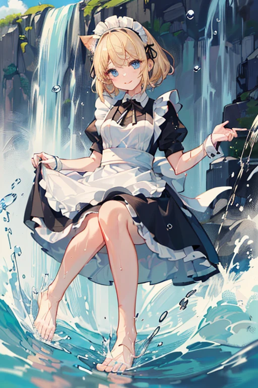 (Super best quality:1.6), (Highest quality:1.4), (Attention to detail:1.4), (Ultra-high resolution:1.6), (Detailed face), 
(Maid clothes, White apron, Headband, Black Dress, ribbon, Maid clothes, Classic, Long:1.4), (白と黒のMaid clothes), Blonde, Blue Eyes, Cat ear, cute, Small breasts, The best smile, Looks happy, Soaked from head to toe, (Water drips from the clothes:1.6), (Water Drop:1.6), (Soaked from head to toe:1.4), (全身にWater Drop:1.2), Water Play, Taki training, river, Being struck by a waterfall, Waterfall basin, 