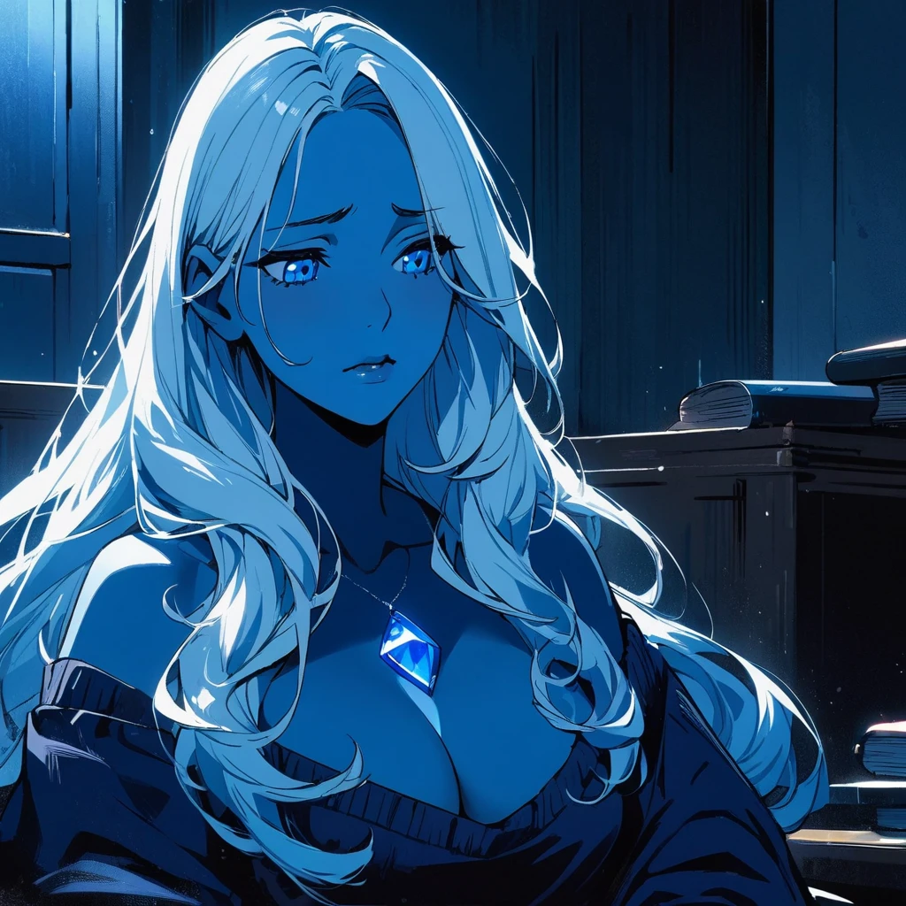 1girl, blue diamond, solo, long_hair, ((smooth texture hair)) blue eyes, ((blue colored skin)), ((long light blue_hair)), night view, large breasts, upper_body, sad, indoors, book, bangs, blue_eyes, lips, (( long hair)), ((blue gem on the chest)), wearing dark blue color sweater off the shoulder, breast, "very detailed and high resolution" (blue eyes) ((one hand on the chin)) ((smooth texture hair)) ((solo)) ((high resolution)) ((upper body)) (Good quality) cleavage, (sitting)