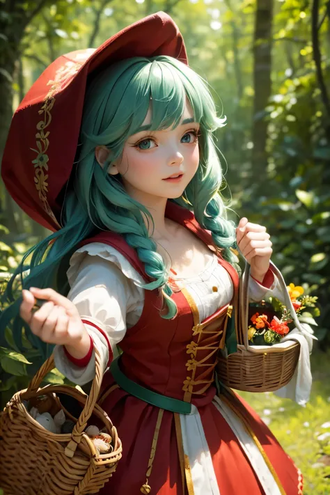 a  doll dressed up for an adventure, cosplaying as little red riding hood, walking and singing happily, holding a basket in her ...