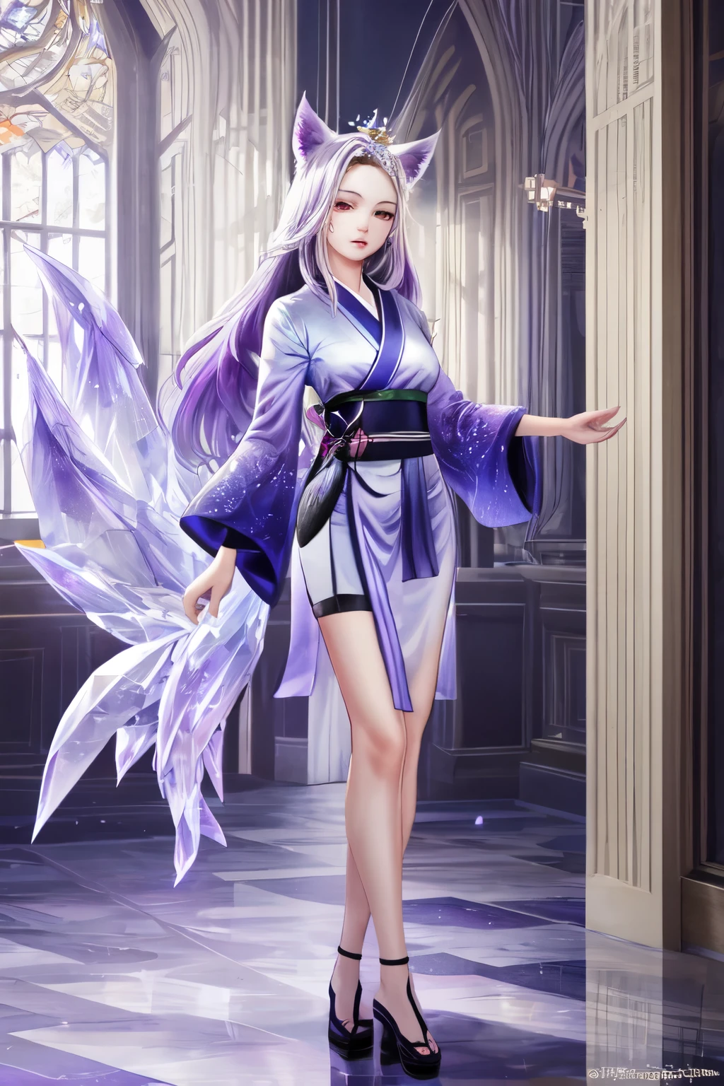 ((best quality)), ((masterpiece)), (detailed), detailed purple eyes, detailed hands, full-body image, humanoid kitsune, wearing a short kimono, crystallized crown, light purple hair, light purple fox ears, 2 translucent crystal foxtails, only 2 translucent crystal foxtails, 1 star shape marking on forehead, delicate and beautiful detailing, detailed hands, well-proportioned detailed purple eyes, well-proportioned hands, well-proportioned face, round detailed purple eyes, beautiful detailed and clear purple eyes, volume smooth and sharp, long flat light purple bangs, fictional art, best photos, best quality, 1 very beautiful and meticulous star shape forehead marking,