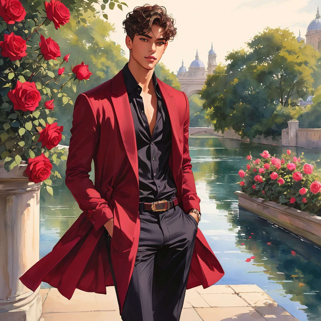 candid fashion illustration of young Mixed race male supermodel, aged 18 year old, prince eyes, the design inspired by the price rose from David Austin Rose, a charismatic and sophisticated figure dressed in a casual yet elegant deep red outfit. He is a striking presence with an air of mystery and intelligence. He wears a well-fitted, robe over a black shirt, with dark stylish shoes. His demeanor is confident and charming, with a subtle hint of his divine origins in his calm and intense gaze. The background should be a modern, urban setting with a blend of sophistication and casualness, Captured in a low angle, ((full-body image)), fashion sketching, realistic drawing, ((imperfect water color drawing background)), fashion look book, fashion illustrator, fashion sketch design, gay, gay couple, The Prince rose, a variety by David Austin, is known for its deep crimson color. The blooms start as dark red buds and open into rich, velvety crimson flowers that can take on a slightly purple hue as they mature. The flowers are full and have a classic rosette shape.