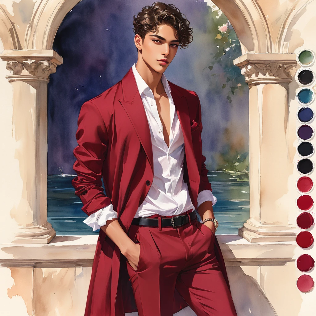 candid fashion illustration of young Mixed race male supermodel, aged 18 year old, prince eyes, the design inspired by the price rose from David Austin Rose, a charismatic and sophisticated figure dressed in a casual yet elegant deep red outfit. He is a striking presence with an air of mystery and intelligence. He wears a well-fitted, robe over a black shirt, with dark stylish shoes. His demeanor is confident and charming, with a subtle hint of his divine origins in his calm and intense gaze. The background should be a modern, urban setting with a blend of sophistication and casualness, Captured in a low angle, ((full-body image)), fashion sketching, realistic drawing, ((imperfect water color drawing background)), fashion look book, fashion illustrator, fashion sketch design, gay, gay couple, The Prince rose, a variety by David Austin, is known for its deep crimson color. The blooms start as dark red buds and open into rich, velvety crimson flowers that can take on a slightly purple hue as they mature. The flowers are full and have a classic rosette shape.