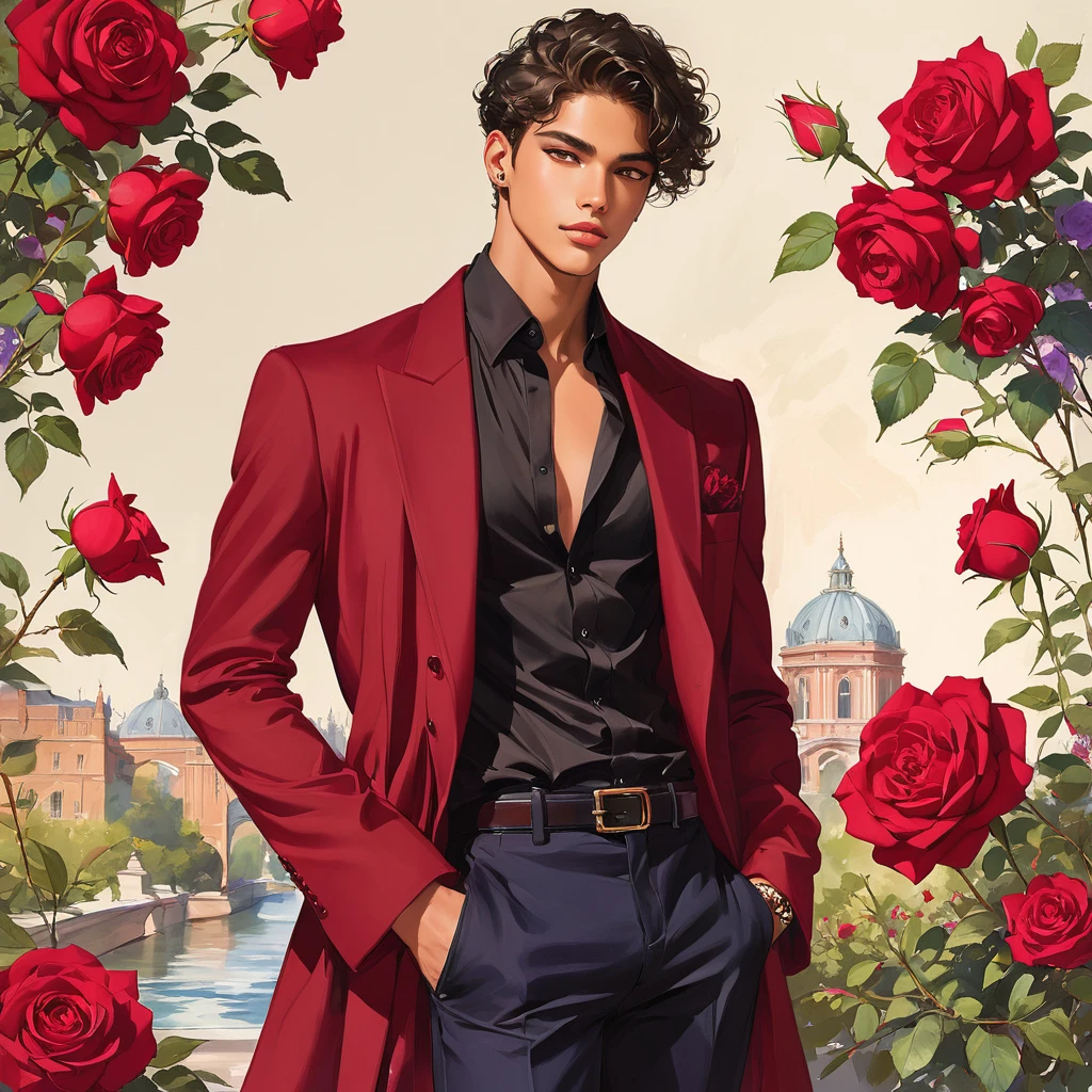 candid fashion illustration of young Mixed race male supermodel, aged 18 year old, prince eyes, the design inspired by the price rose from David Austin Rose, a charismatic and sophisticated figure dressed in a casual yet elegant deep red outfit. He is a striking presence with an air of mystery and intelligence. He wears a well-fitted, robe over a black shirt, with dark stylish shoes. His demeanor is confident and charming, with a subtle hint of his divine origins in his calm and intense gaze. The background should be a modern, urban setting with a blend of sophistication and casualness, Captured in a low angle, ((full-body image)), fashion sketching, realistic drawing, ((imperfect water color drawing background)), fashion look book, fashion illustrator, fashion sketch design, gay, gay couple, The Prince rose, a variety by David Austin, is known for its deep crimson color. The blooms start as dark red buds and open into rich, velvety crimson flowers that can take on a slightly purple hue as they mature. The flowers are full and have a classic rosette shape.