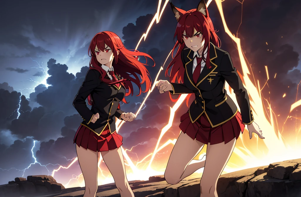 ((beautiful face)),1girl ,20s,mature female,solo,(red hair),long hair,red eyes,fox ears.serious,necktie,black jacket, blazer,long sleeves,pleated skirt,hair between eyes, wide shot, (Super big lightning shines:1.2)、A huge lightning strikes behind,Wind, Ephemeral,Dramatic,(Stand with your legs spread、Spread his hands with goo and very angry:1.4)