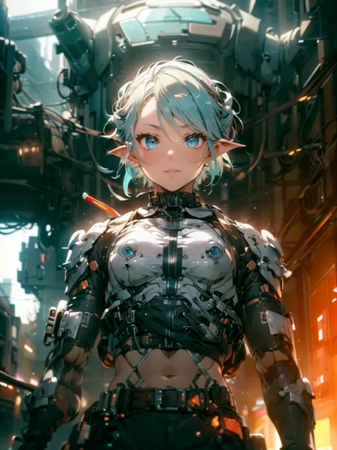 femboy, cyberpunk style, blue hair, blue eyes, 1boy, elf ears, without , six pack abs, cute face