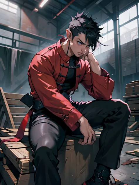 pointy ears, muscular man, defined body, developed body, kung fu fighter, red blouse with buttons, long black pants of black col...