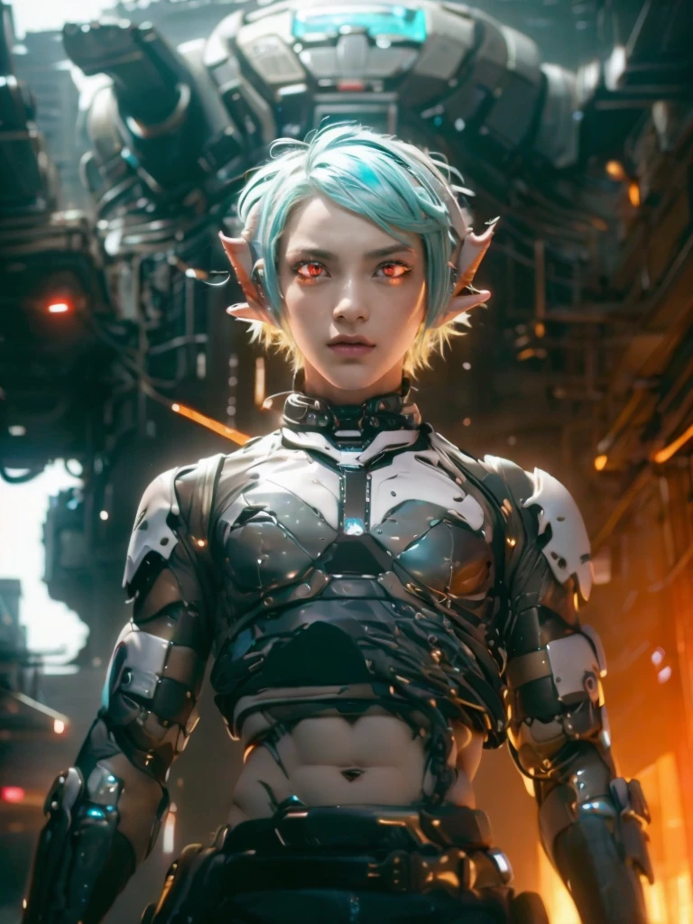 Femboy, cyberpunk style, blue hair, blue eyes, 1boy, elf ears, without , six pack abs, cute face