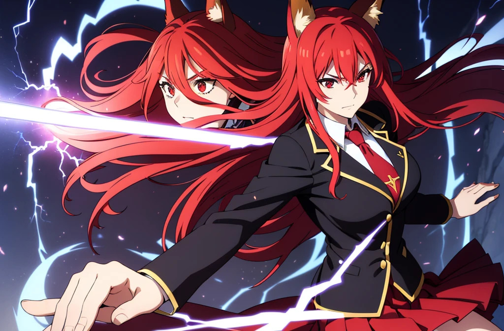 ((beautiful face)),1girl ,20s,mature female,solo,(red hair),long hair,red eyes,fox ears.serious,necktie,black jacket, blazer,long sleeves,pleated skirt,hair between eyes, A huge lightning strikes behind,