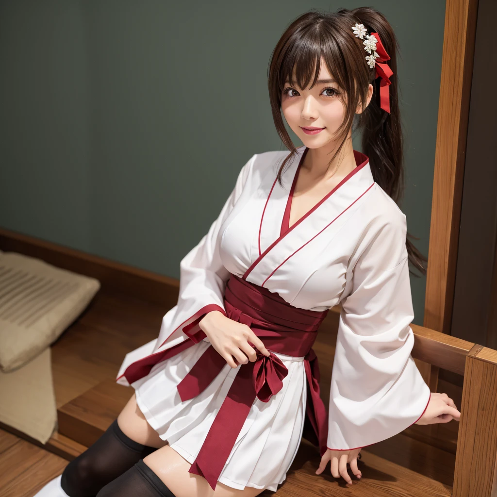 1girl, solo, long hair, breasts, looking at viewer, blush, smile, bangs, skirt, large breasts, simple background, black hair, hair ornament, thighhighs, long sleeves, white background, brown eyes, closed mouth, collarbone, yellow eyes, ponytail, heart, sidelocks, thighs, japanese clothes, wide sleeves, kimono, white thighhighs, zettai ryouiki, sash, obi, high ponytail, hand on own chest, ribbon trim, hakama, hakama skirt, white kimono, miko, hakama short skirt