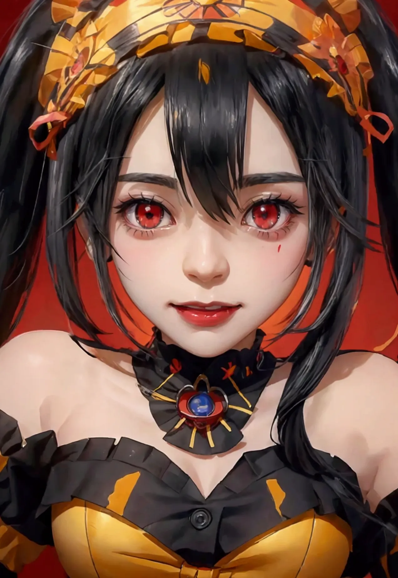 very detailed,very detailed,best quality,masterpiece,illustration, 
anime girl with red and yellow eyes and black hair wearing a...