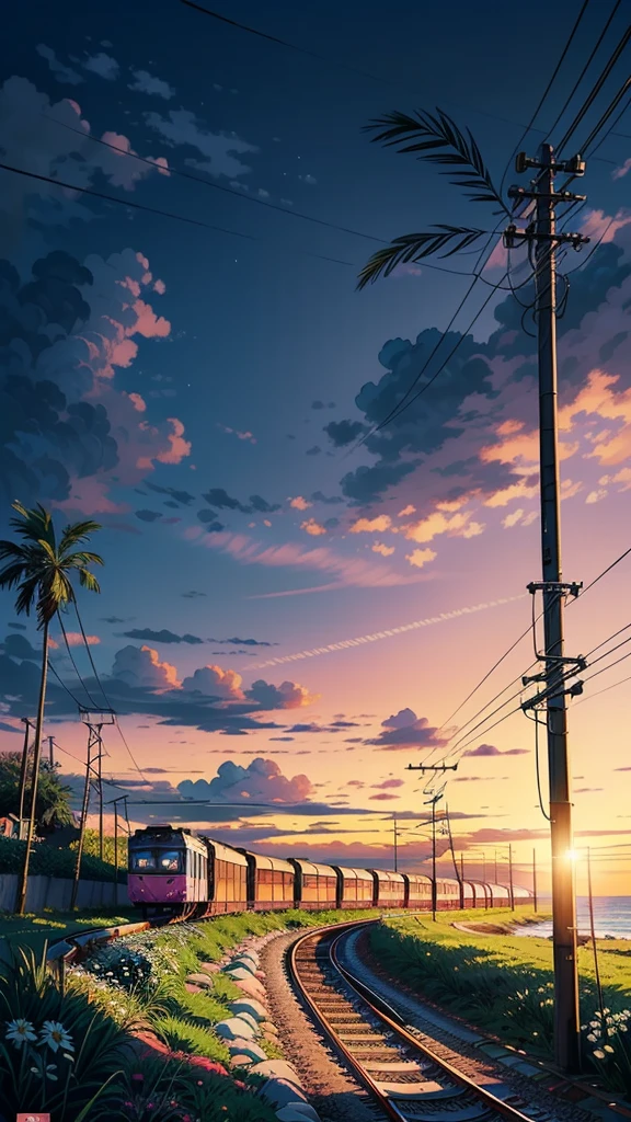 (masterpiece:1), (full anime view:1.5), (train trundles along the coastal tracks:1.6), (Lush palm trees sway in harmony:1.3), silence, (gentle lapping of waves:1.4), (white daisies growing around with long grass:1.2), magnificent sky, (Dim volumetric light:1.4), peaceful, (beautiful sky), (beautiful tones:1.5), (lofi ambience :1.4), (wires and poles: 1.4), (evening scene:1.3), (beautiful aesthetics:1.2), (scattered pink and blue sky:1.2), beautiful tones, subtle colors, peaceful, (illustration: 1.0), epic composition, realistic lighting, HD details, masterpiece, best quality, ,