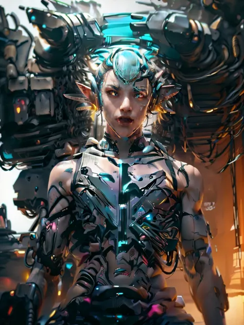 femboy, cyberpunk style, blue hair, blue eyes, 1boy, elf ears, without , six pack abs, cute face