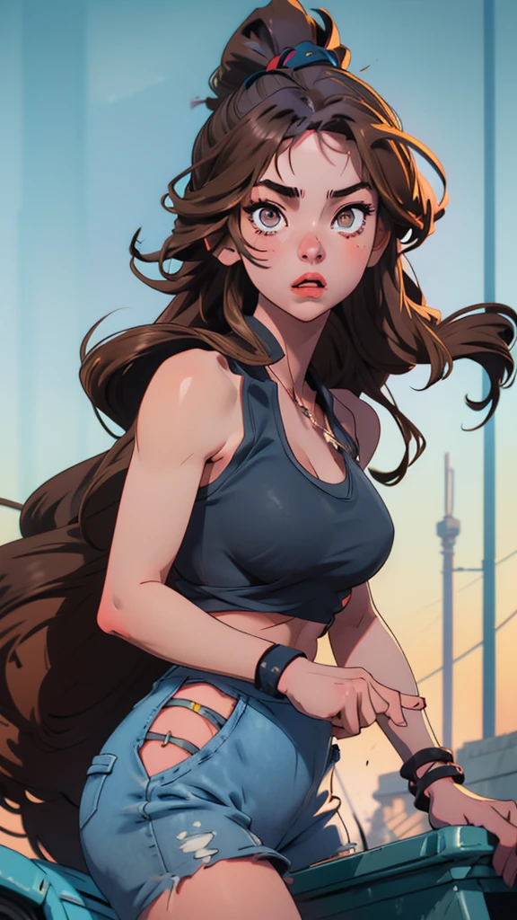 A unique illustrated character with a manga style, featuring long, straight hair in a blend of gray and light brown tones. Her large, expressive eyes are a striking blue, while her nose and plump lips add to her charm. She is wearing a navy tank top that accentuates her figure, giving her a confident and alluring presence.