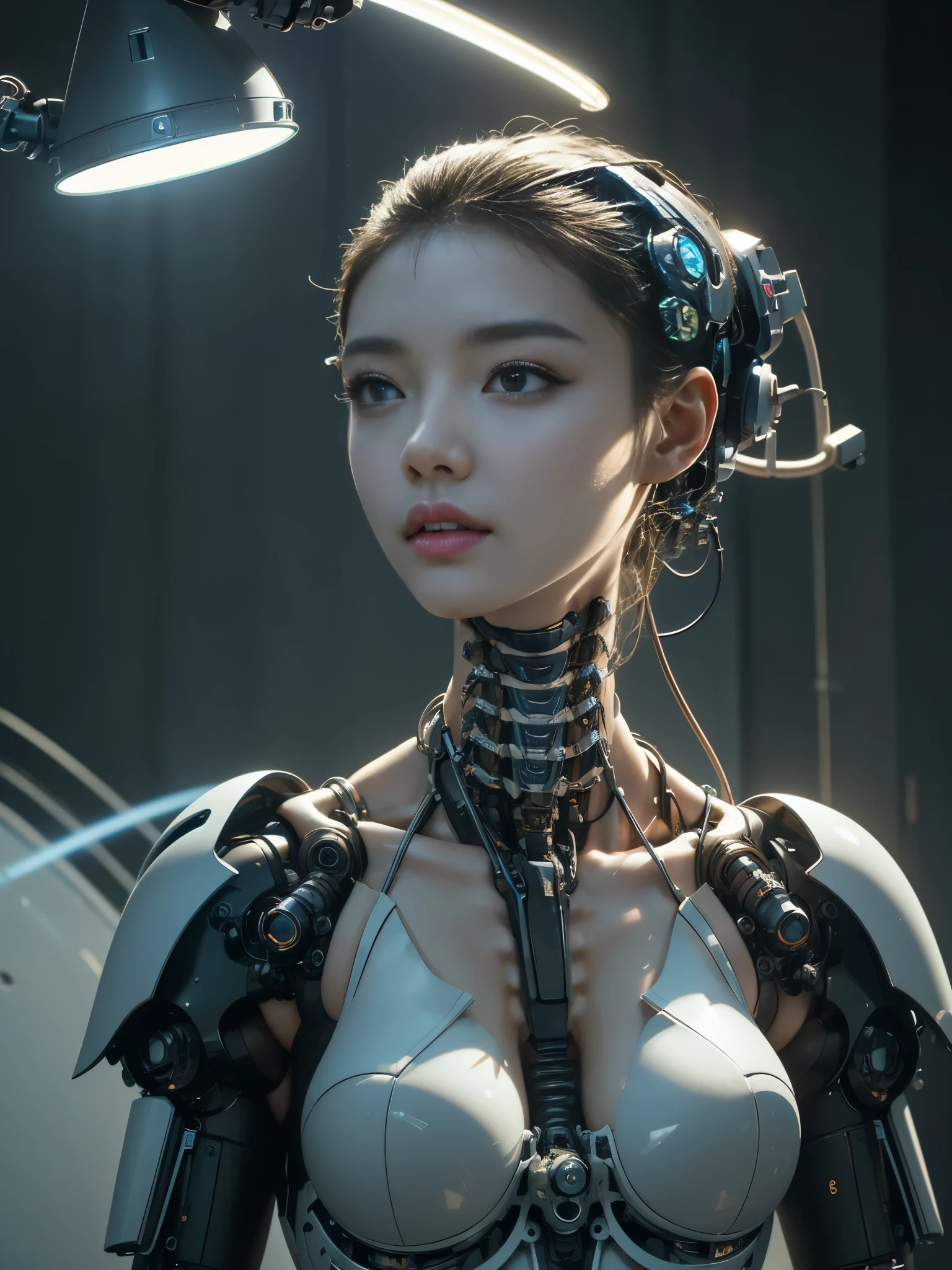 (best quality, 4k, Masterpiece, Ultra detailed, hyperrealism, RAW quality), mechanical cyberpunk girl, glowing skin, Mechanical Vertebrae attached to the spine and Mechanical Cervical Fixation to the neck, bright lights, global illumination, Deep shadows, sharp, going down classic flying saucer, levitating, she perfect, AI to the limit.