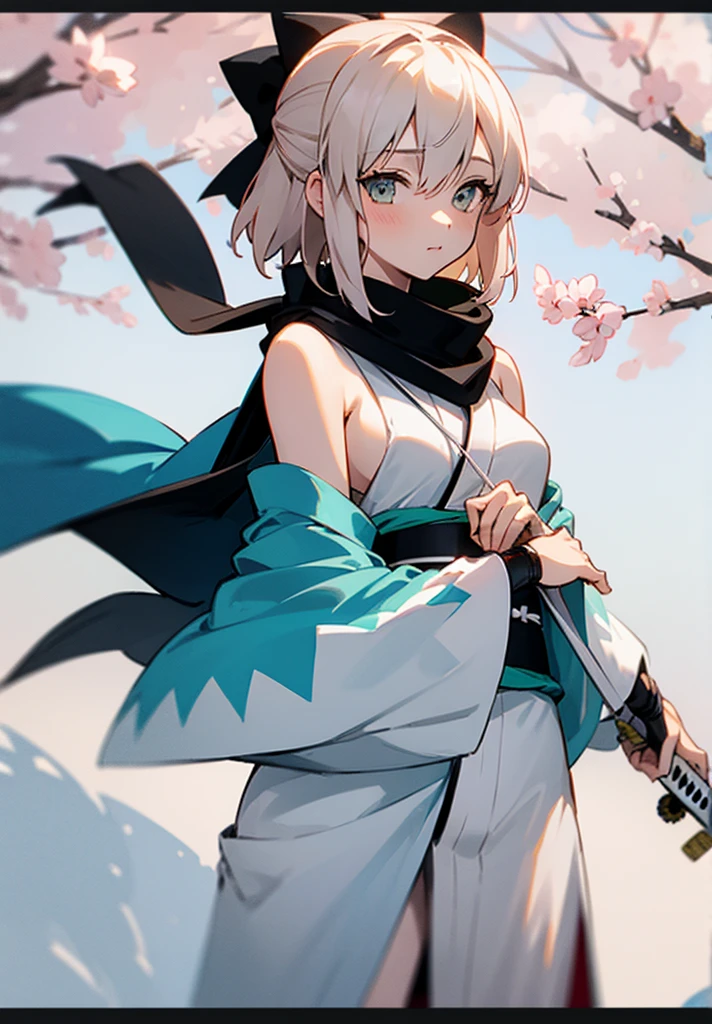 Best Quality, 1 girl, alone, okita_souji, white kimono, scarf, cowboy photography, outdoor, bare shoulders, bare shoulders, sleeveless, looking at the viewer, 