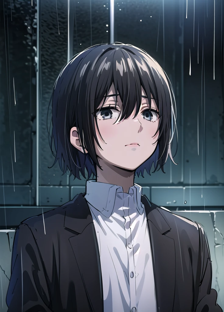 ((best quality)), ((masterpiece)), (detailed), boy, high , uniform, bored look, blank look, disinterested look, black hair, black eyes, sketch, alone, short hair. half body, face, gloomy, dark eyes, manga, light novel, illustration, solo, looking up. gloomy, raining.