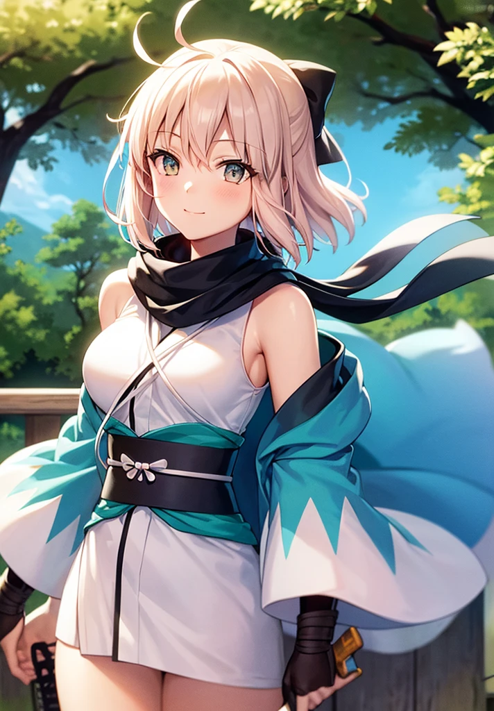 Best Quality, 1 girl, alone, okita_souji, white kimono, scarf, cowboy photography, outdoor, bare shoulders, bare shoulders, sleeveless, looking at the viewer, 