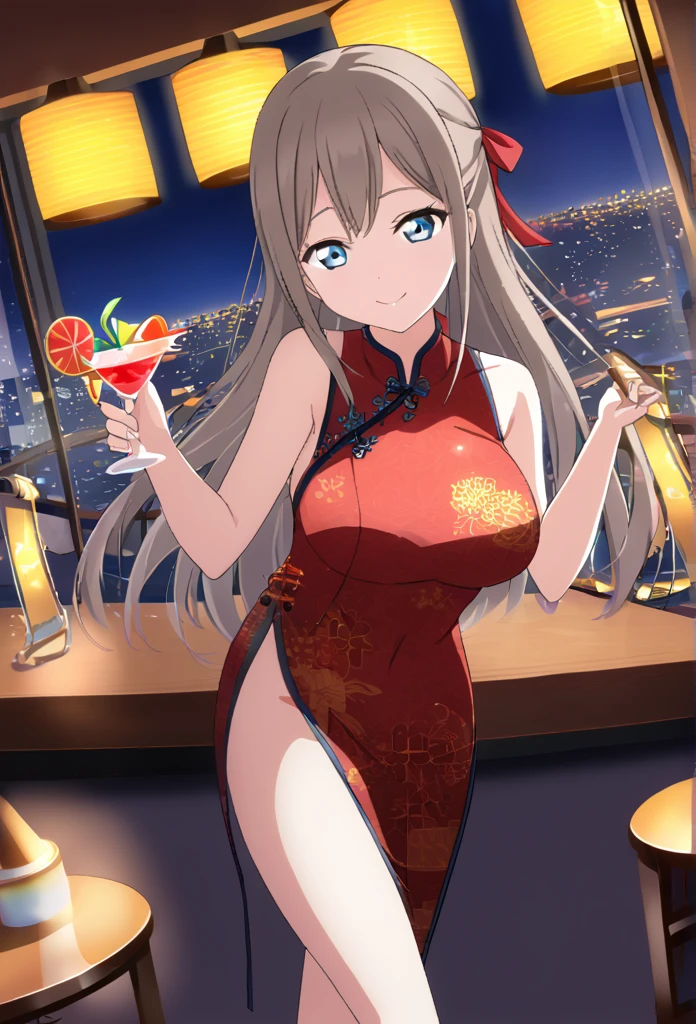 Sakurazaka Shizuku　Brown Hair　Light blue eyes　Long Hair　Big red hair ribbon　Light blue Chinese dress　Cocktail Bar　Holding a light blue cocktail　smile　Large Breasts　Room lighting　City night view