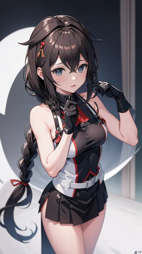 shigure kai 3 kancolle sleeveless black thimble gloves blackslit skirt braid 8k high resolution very fine eyes very fine face、in...