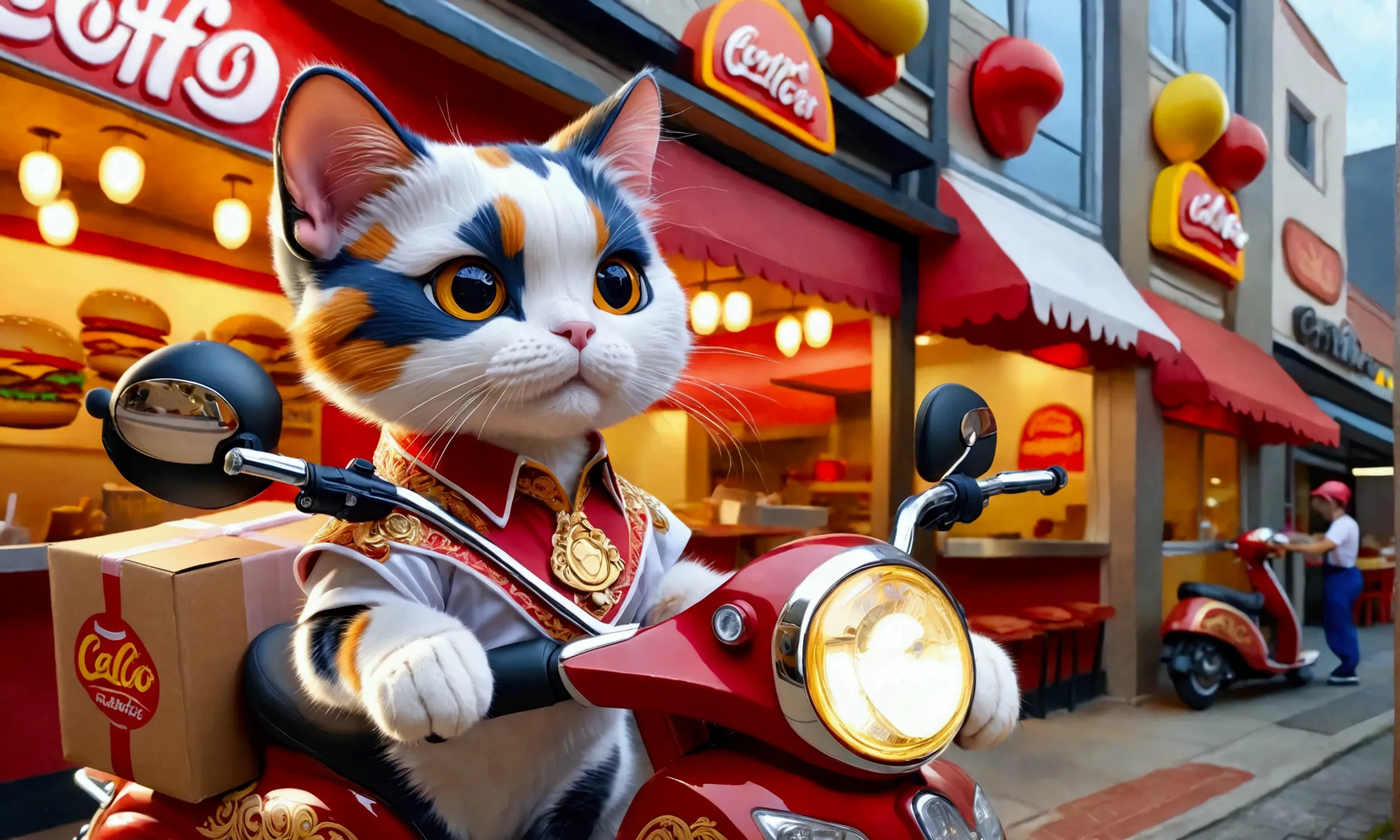 (Close-up of anthropomorphic calico cat riding scooter with:1.3) with cardboard boxes on its back, (stylish ornate branded shirt...