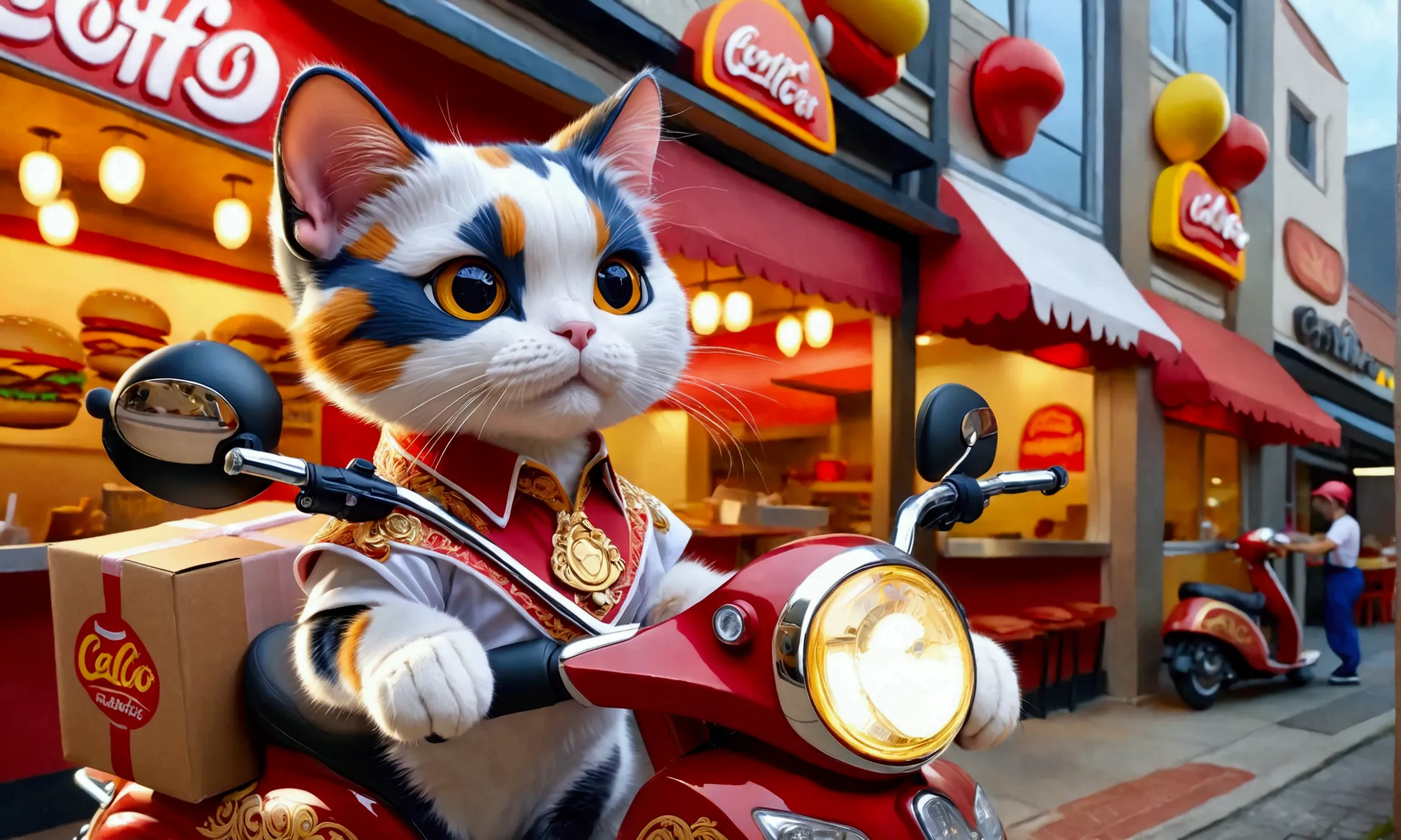 (close-up of anthropomorphic calico cat riding scooter with:1.3) with cardboard boxes on its back, (stylish ornate branded shirt...