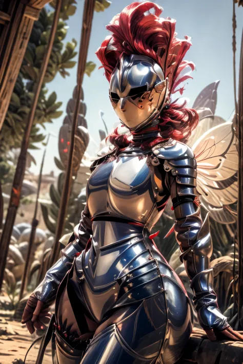 masterpiece, best quality, butterfly_wings, red hair, bottomless, kardiaofrhodes, helmet, plume, gauntlets, thighhighs, breastpl...