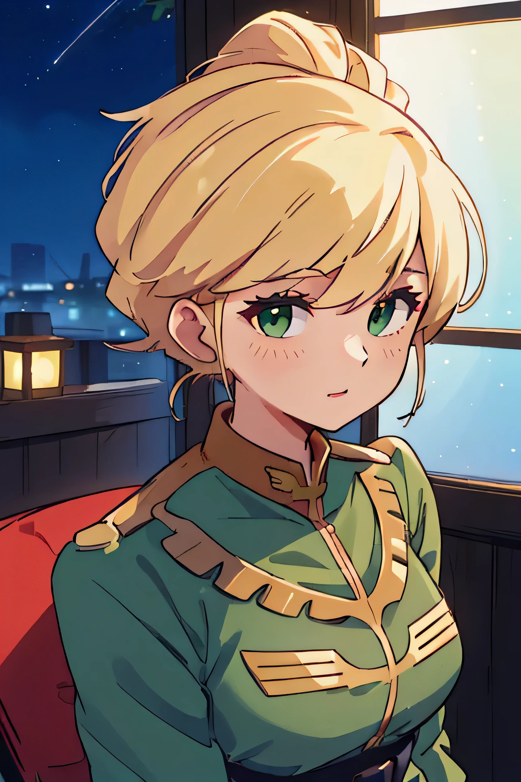 (night:1.7), Japan, Tokyo, City View, In front of the window,
Upright immobile posture,
green_army_uniform,pantyhose, a uniform with gold trims and a collar,shirt,belt,
Kim hair,Green eyes,lipstick, Front hair,hair_good,
1 Girl, 20-year-old,young woman,beautiful Finger,beautiful long legs,beautiful body,beautiful Nose,beautiful character design, Perfect Eyes, perfect face,Expressive eyes,
View your viewers, centered in picture,(upper_body),(Focus on her face),
Official Art,Highly detailed CG Unity 8k wallpaper, Perfect lighting,Farbeful, bright_front_face_Lighting,
(masterpiece:1.0),(Highest_quality:1.0), 超High resolution,4K,Super detailed,
photograph, 8K, High resolution, High resolution, absurdes:1.2, 400 for Kodak Port, Film Grain, Blurred Background, bokeh:1.2, Lens flare, (Vibrant_Farbe:1.2)
(beautiful,big_chest:1.4), (beautiful_face:1.5),(narrow_Waist),