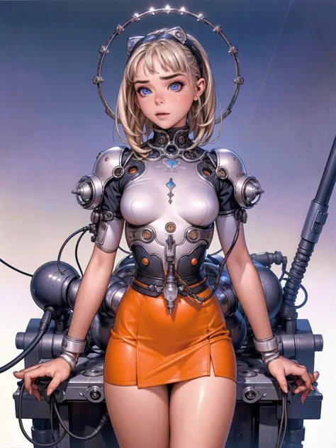 (La best qualityer,A high resolution,ultra - detailed,real),Sabrina Carpenter cyborg, ( orange mini skirt :1.4), WHITE short top...