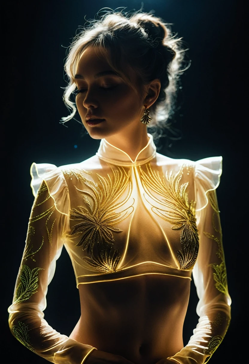 ((jewel_light element)), (translucent luminous body_wearing a golden frilled blouse), (girl made of light:1.2), (minimalism:0.5), (close-up angle above the waist:1.3), low angle shot, (Tattoo: 0.7), 4K, HDR, acid graphics, plant 1 girl, fantasy work, [detail vivid face: 0.33], (white translucent luminous body and hair: 1.3), silhouette outline and luminous beautiful woman, understated elegance reveals. A calm and deep atmosphere offering subtle luxury, sophisticated poses, fluorescence, luminescent tattoos, bioluminescent tattoos, and glowing patterns.