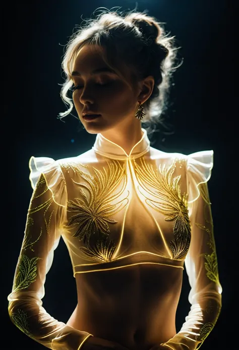 ((jewel_light element)), (translucent luminous body_wearing a golden frilled blouse), (girl made of light:1.2), (minimalism:0.5)...