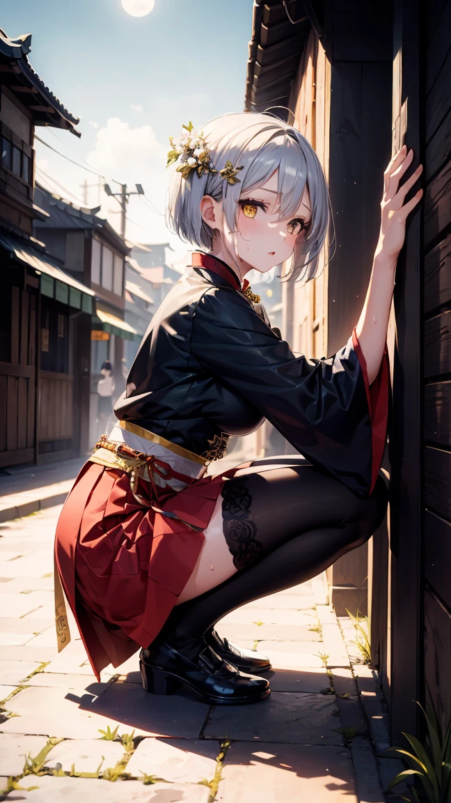 Young girl 10 years old, short silver bob hair, hair flower, sharp bangs between the eyes, yellow  eyes, eyes large, provocative look, obscene expression, notable physical features, traditional chinese imperial clothes black with gold details, red skirt, black thigh high socks. medium breasts. view from side, crouched in the street, lumbar angle, full body point of view, but up close. japanese city, outdoor city, city at night, with full moon in the background, light reflecting on the sexy and sweaty body. (((sweat))) (work of art:1.2,) (best qualityer.)