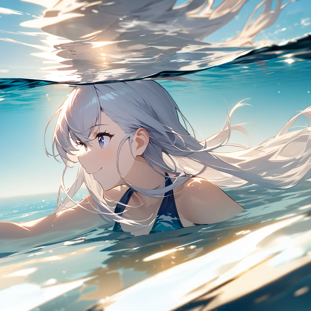 Highest quality, masterpiece, ,silver long hair,Dark blue eyes,Double exposure, The best smile, Swimming, Swimwear, Ocean,, Ocean水浴, sunlight