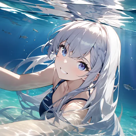 highest quality, masterpiece, ,silver long hair,dark blue eyes,double exposure, the best smile, swimming, swimwear, ocean,, ocea...