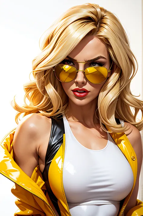 a long curling blonde wearing a sunglass, wearing a yellow leather glossy jacket, sleeveless white tank top, white background, g...