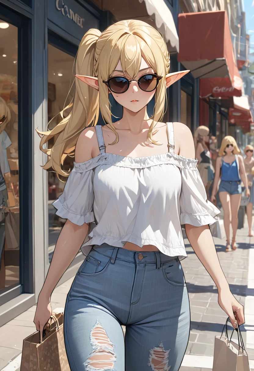 blonde hair, side ponytail, sunglasses, pointy ears, anime style, masterpiece, accurate, textured skin, high quality, best quality, highres, high details, super detail, elf, Casual clothing, summer clothes, walking on the street, A woman wearing damaged jeans, Window Shopping