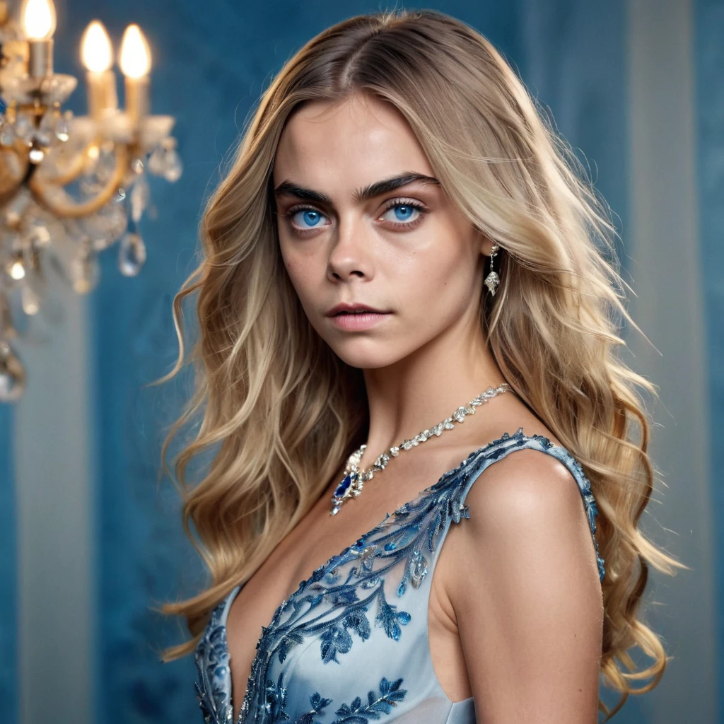 (杰作, 8千, 超高清, 高分辨率: 1.4), 卡拉·迪瓦伊 (Cara Delevingne) 的惊艳肖像, (长的, 波浪金发: 1.3), (锐利的蓝眼睛: 1.3), (完美而有光泽的肌肤: 1.2), (优雅时尚的连衣裙: 1.2), (自信而优雅的姿态: 1.2), (精致的珠宝: 1.1), (具有柔和精致灯光的背景: 1.1), (迷人而精致的氛围: 1.3), 逼真而复杂的细节, (时尚和美容元素: 1.2), (迷人且有吸引力的视角: 1.3)