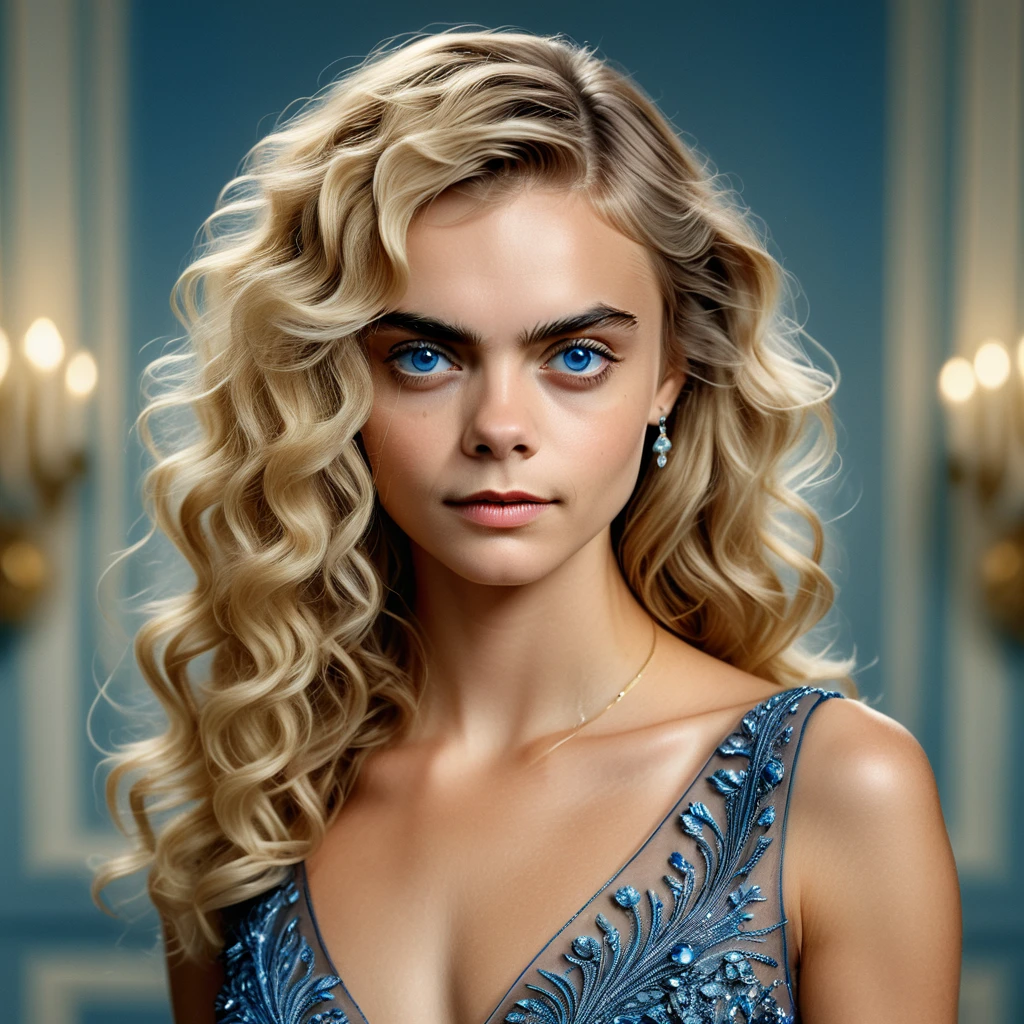 (Masterpiece, 8K, UHD, high resolution: 1.4), stunning portrait of Cara Delevingne, (long, wavy blonde hair: 1.3), (piercing blue eyes: 1.3), (flawless and radiant skin: 1.2), (elegant and stylish dress: 1.2), (confident and graceful pose: 1.2), (delicate and sophisticated jewelry: 1.1), (background with soft and sophisticated lighting: 1.1), (glamorous and sophisticated atmosphere: 1.3), realistic and intricate details, (elements of fashion and beauty: 1.2), (captivating and attractive perspective: 1.3)