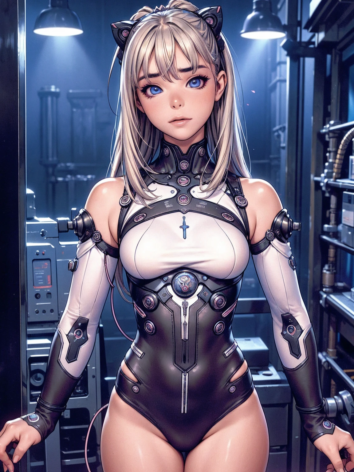 (La best qualityer,A high resolution,ultra - detailed,real),Sabrina Carpenter cyborg, ( yellow mini skirt :1.4), (((hair blue))), WHITE short top,,(Cyberpunk ruined dungeon ruins background :1.4 ), (mechanical vertebrae attached to the back, mechanical cervical fixation to the neck, wires and cables that connect to the head, evangelization, small bright LED lamps:1.4) , 8K more detailed.engine unreal:1.4,ultra HD,La best qualityer:1.4, photorrealistic:1.4, texture skin:1.4, Masterpiece artwork:1.8,Masterpiece artwork, best qualityer,object object], (detailed facial features:1.3),(The correct proportions),(gorgeous blue eyes),  (cowboy pose),( Sabrina Carpenter:1.4), (Sabrina Carpenter V2.1),( Perfect Anatomia:1.4) 