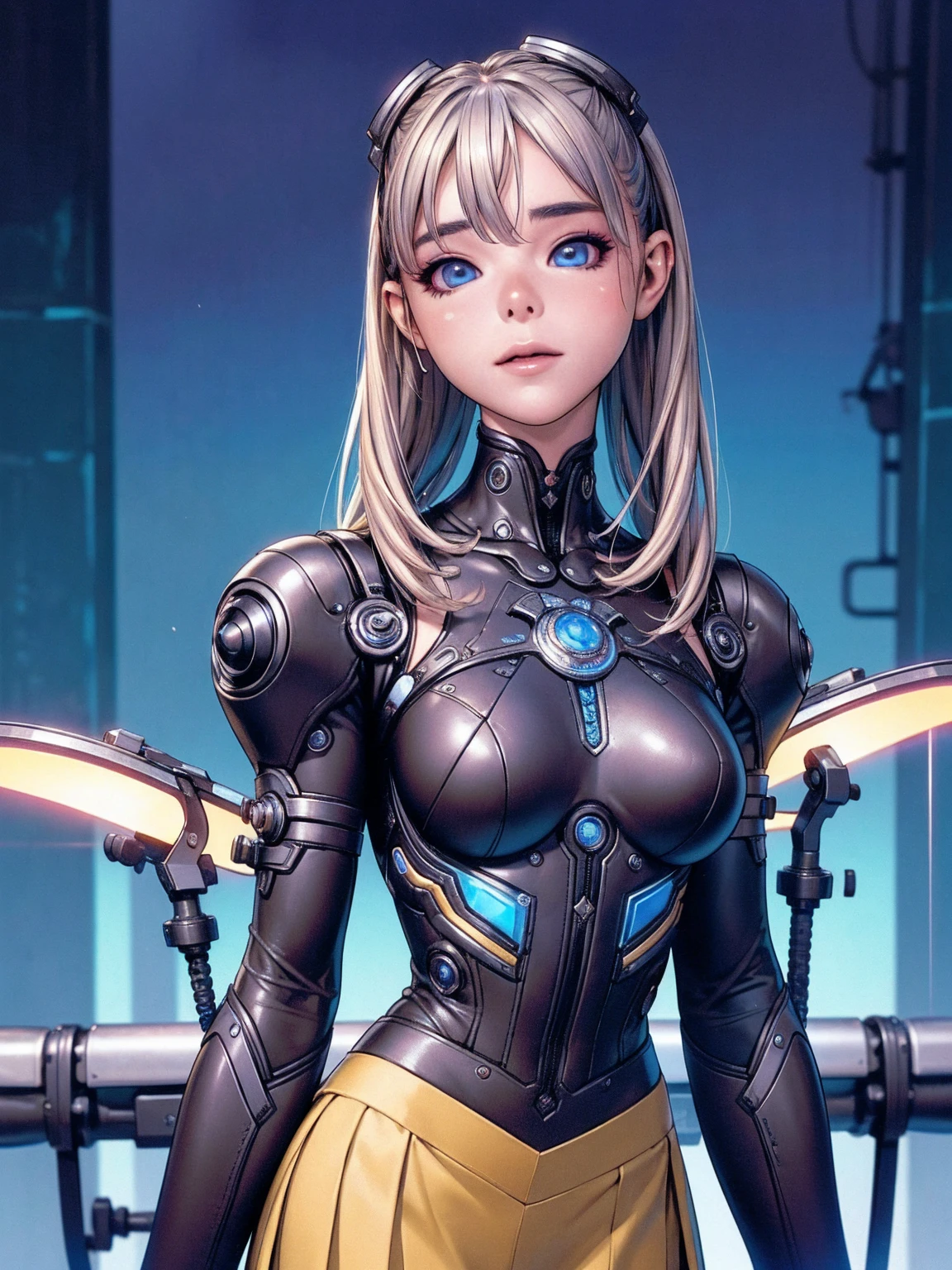 (La best qualityer,A high resolution,ultra - detailed,real),Sabrina Carpenter cyborg, ( yellow mini skirt :1.4), (((hair blue))), WHITE short top,,(Cyberpunk ruined dungeon ruins background :1.4 ), (mechanical vertebrae attached to the back, mechanical cervical fixation to the neck, wires and cables that connect to the head, evangelization, small bright LED lamps:1.4) , 8K more detailed.engine unreal:1.4,ultra HD,La best qualityer:1.4, photorrealistic:1.4, texture skin:1.4, Masterpiece artwork:1.8,Masterpiece artwork, best qualityer,object object], (detailed facial features:1.3),(The correct proportions),(gorgeous blue eyes),  (cowboy pose),( Sabrina Carpenter:1.4), (Sabrina Carpenter V2.1),( Perfect Anatomia:1.4) 