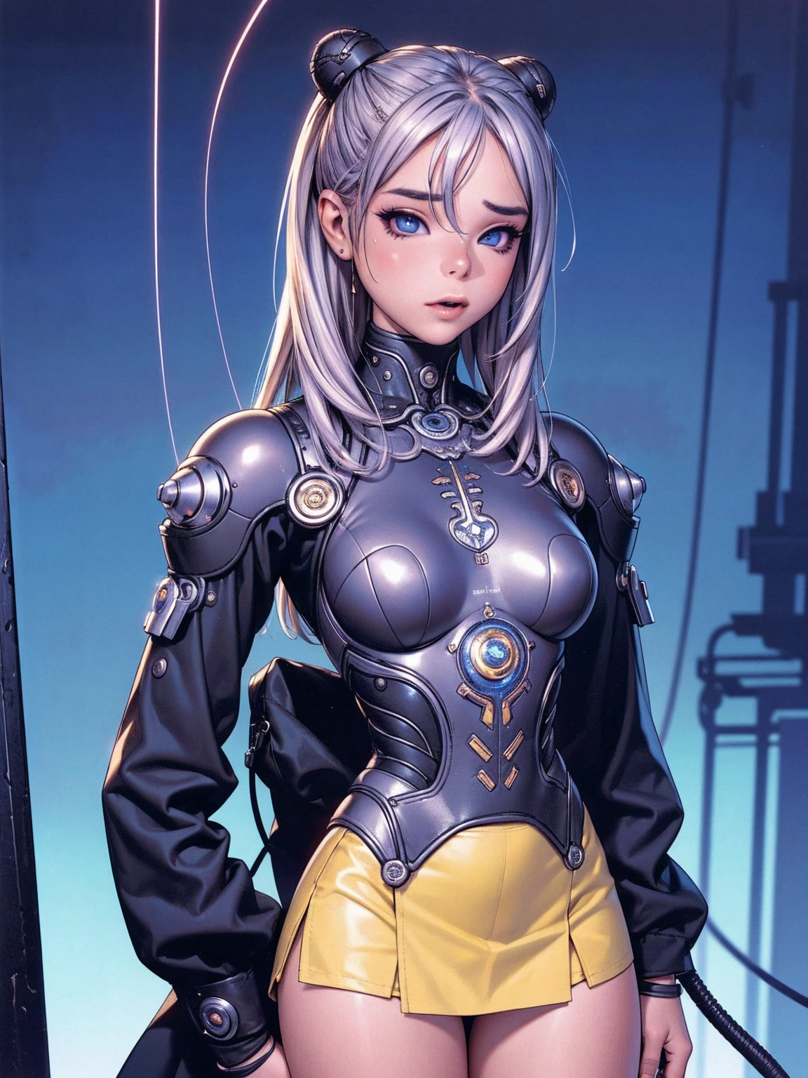 (La best qualityer,A high resolution,ultra - detailed,real),Sabrina Carpenter cyborg, ( yellow mini skirt :1.4), (((hair blue))), WHITE short top,,(Cyberpunk ruined dungeon ruins background :1.4 ), (mechanical vertebrae attached to the back, mechanical cervical fixation to the neck, wires and cables that connect to the head, evangelization, small bright LED lamps:1.4) , 8K more detailed.engine unreal:1.4,ultra HD,La best qualityer:1.4, photorrealistic:1.4, texture skin:1.4, Masterpiece artwork:1.8,Masterpiece artwork, best qualityer,object object], (detailed facial features:1.3),(The correct proportions),(gorgeous blue eyes),  (cowboy pose),( Sabrina Carpenter:1.4), (Sabrina Carpenter V2.1),( Perfect Anatomia:1.4) 