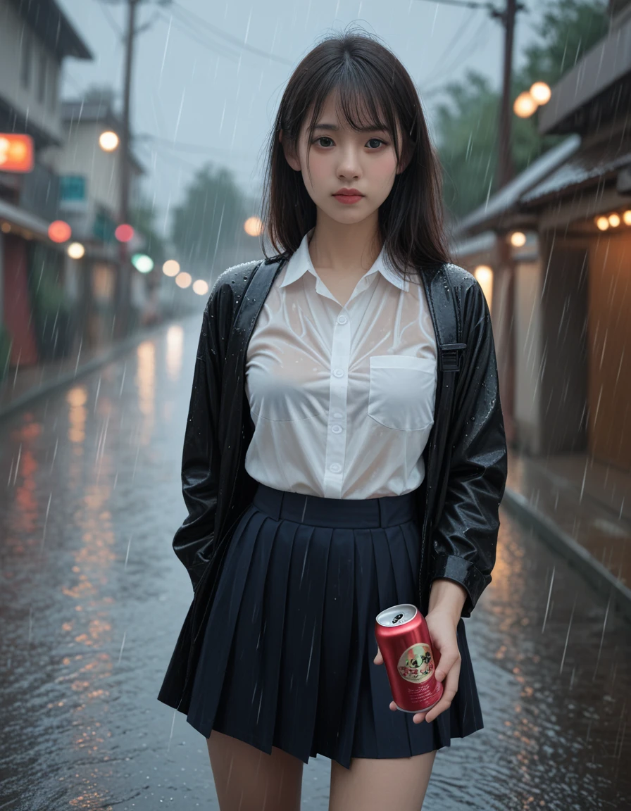 score_9, score_8_up, score_7_up,high quality,1 japanese girl,  in the rain, skirt , （The uniform is transparent and the underwear can be seen..：1.2）、Photorealistic realistic backgrounds