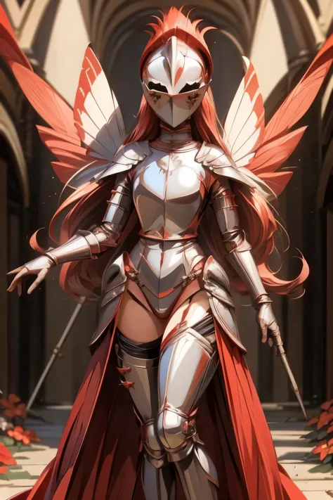 masterpiece, best quality, butterfly wings, red hair, full body, standing tall, kardiaofrhodes, helmet, plume, gauntlets, thighh...